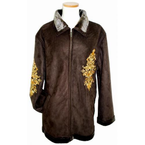Prestige Chocolate Brown/Metallic Gold Embroidered Suede Leather Coat with Chocolate Brown Fur Lining